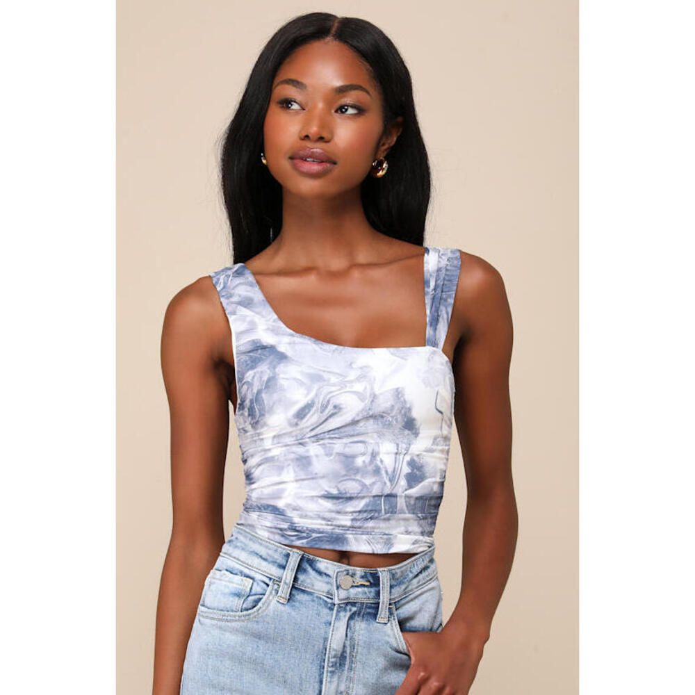 Lulus Beautiful Vision Blue And White Abstract Mesh Asymmetrical Top